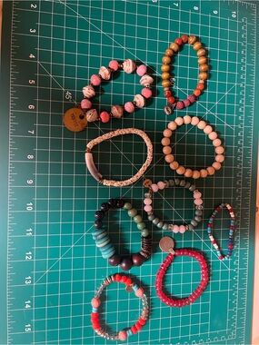 Lot of 9 Assorted Beaded Stretch Bracelets - Pink, Red, Tan, Aqua & Mixed Colors